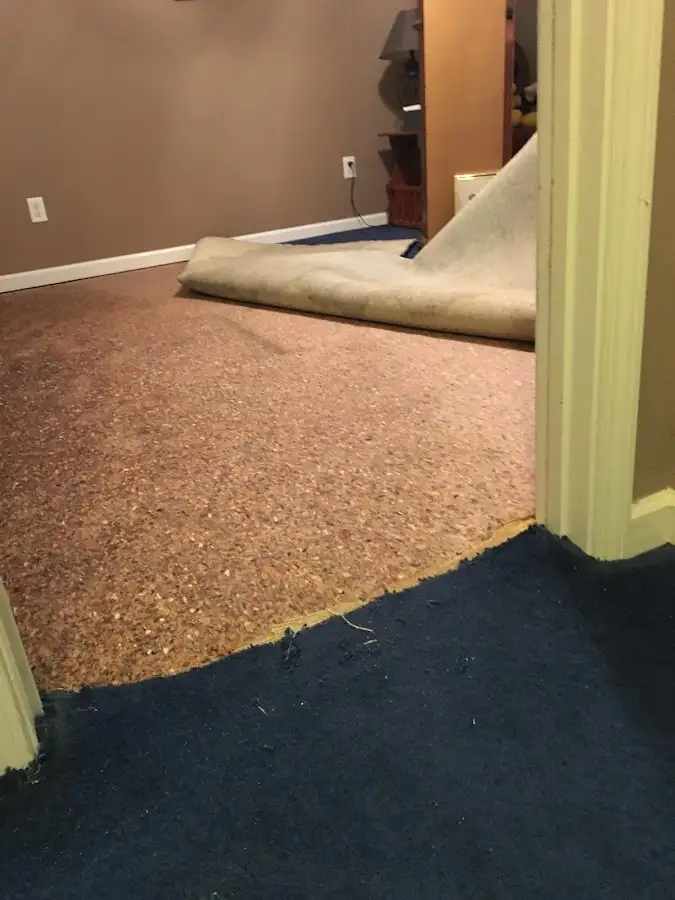 Carpet pad removal revealing water damage during Drying & Dehumidification in Rancho Mirage